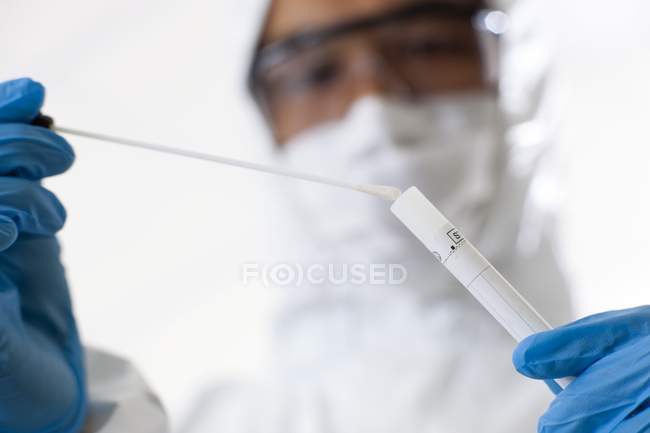 Cientista forense colocando cotonete no tubo de amostra . — Fotografia de Stock