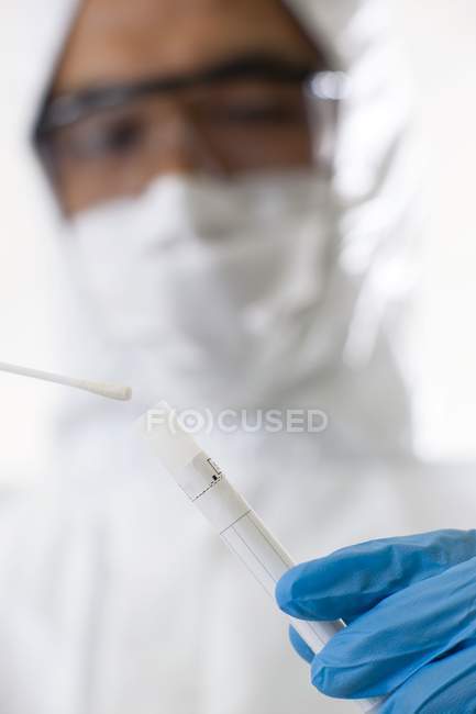 Científico forense poniendo hisopo en tubo de muestra . - foto de stock