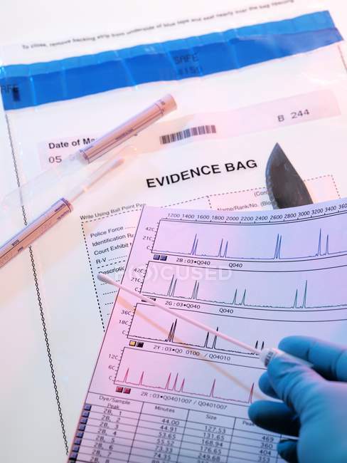 Людина руки, що тримає тампоном ДНК і тестування результатів для судово доказів. — стокове фото