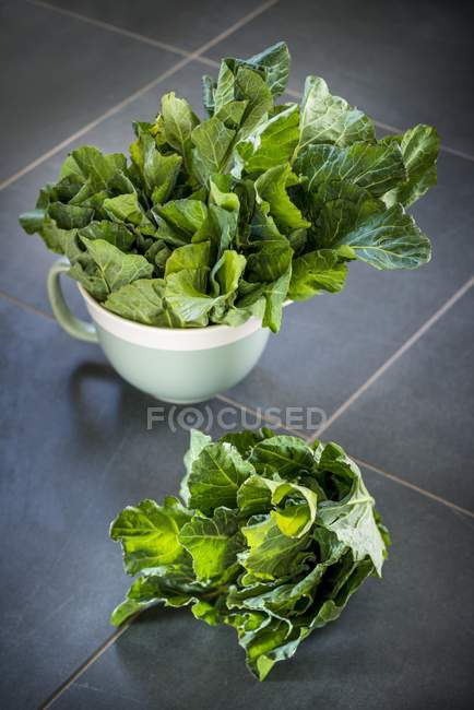 Spring cabbage leaves in white bowl on kitchen table. — Stock Photo