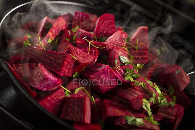Diced beetroot in cooking pan. — Stock Photo