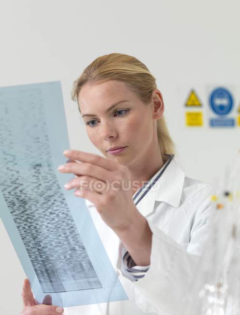 Scienziata che esamina l'autoradiogramma del DNA . — Foto stock