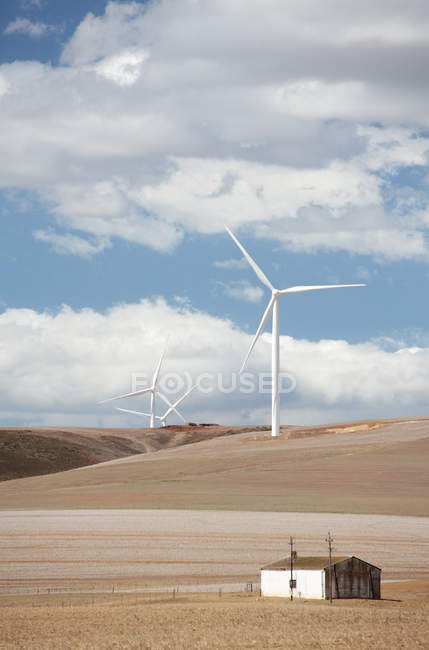 Paisagem com parque eólico em campo em Overberg, Western Cape, África do Sul . — Fotografia de Stock