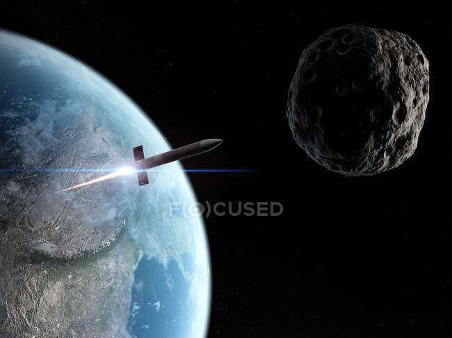 Asteroid defense missile launched at asteroid — Stock Photo