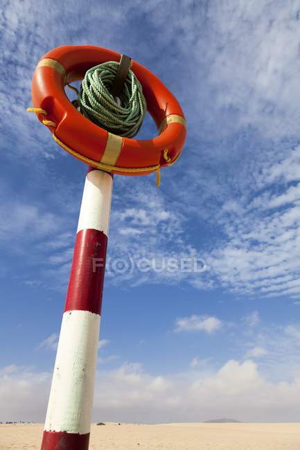 Low angle view of lifebuoy in sand on shore. — Stock Photo