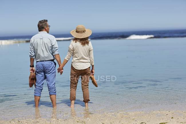 Coppia di anziani che si tiene per mano in piedi in mare, vista posteriore
. — Foto stock