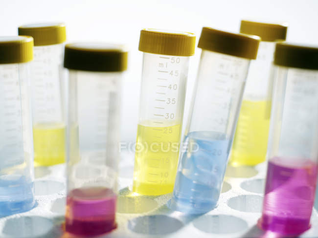 Flüssigkeiten in verschiedenen Farben in Probengefäßen im Labor. — Stockfoto