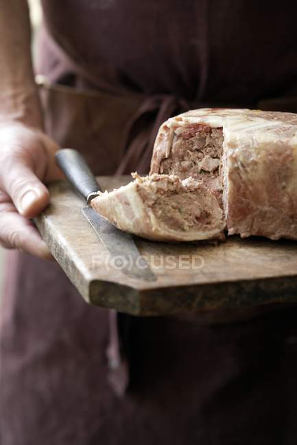 Close-up view of person hands holding board with chicken, pork and duck terrine. — Stock Photo