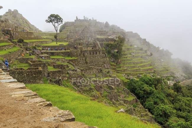 Vista de viejas ruinas de Machu Picchu durante el día, Perú . - foto de stock