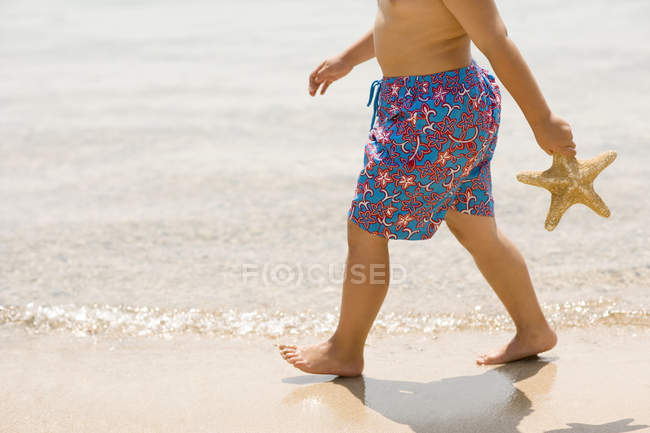 Menino andando ao longo da praia e segurando estrela do mar . — Fotografia de Stock
