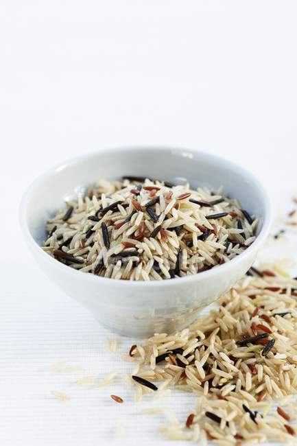 Tigela com mistura de arroz basmati marrom, carmargue vermelho e arroz selvagem — Fotografia de Stock