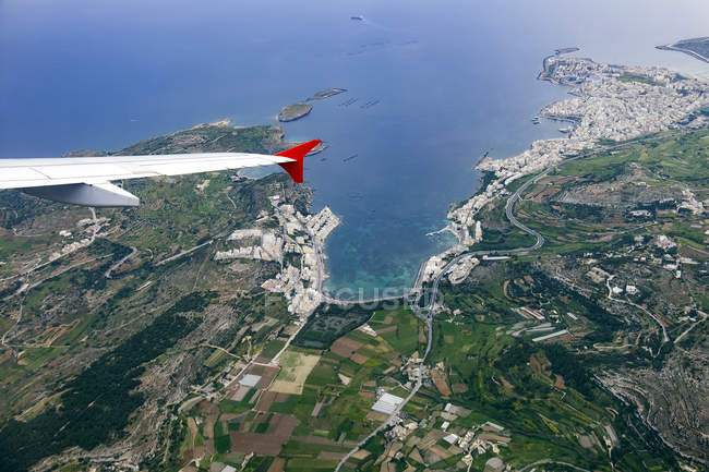 Aerial view with plane wing over Mallorca, Spain. — Stock Photo