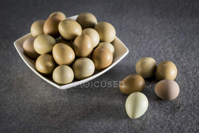 Uova di contadino in ciotola, natura morta . — Foto stock