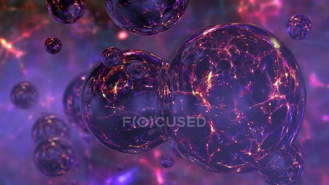 Des univers de bulles. Illustration par ordinateur de multiples univers à bulles, comme le prévoit la théorie de l'inflation éternelle. La théorie inflationniste suggère qu'après le Big Bang, une condition connue sous le nom de faux vide a créé une force répulsive qui a causé un — Photo de stock