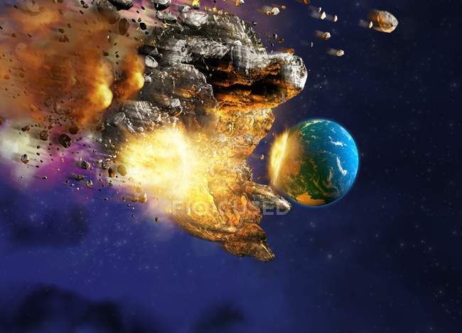Meteorito golpeando el planeta tierra, ilustración conceptual por computadora . - foto de stock
