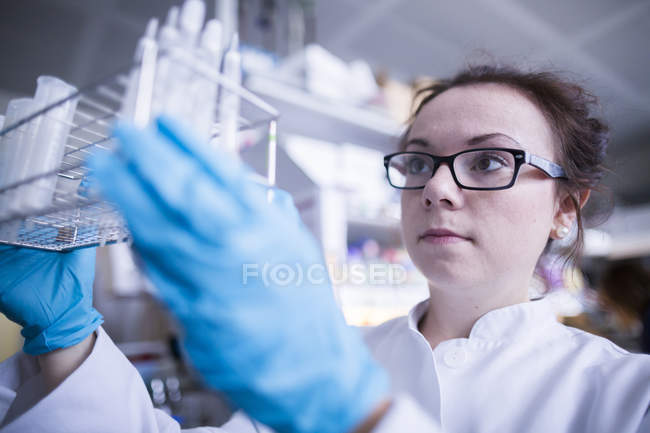 Жінка-вчена, що працює в лабораторії . — стокове фото