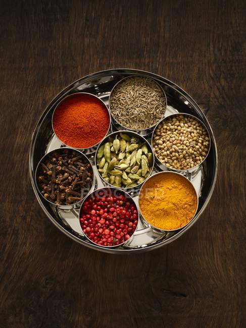 Selection of dried spices in dishes, studio shot. — Stock Photo