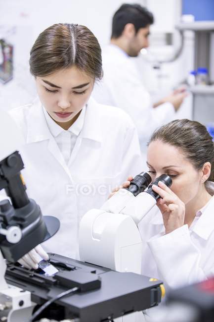 Científicas trabajando en laboratorio con microscopio . - foto de stock
