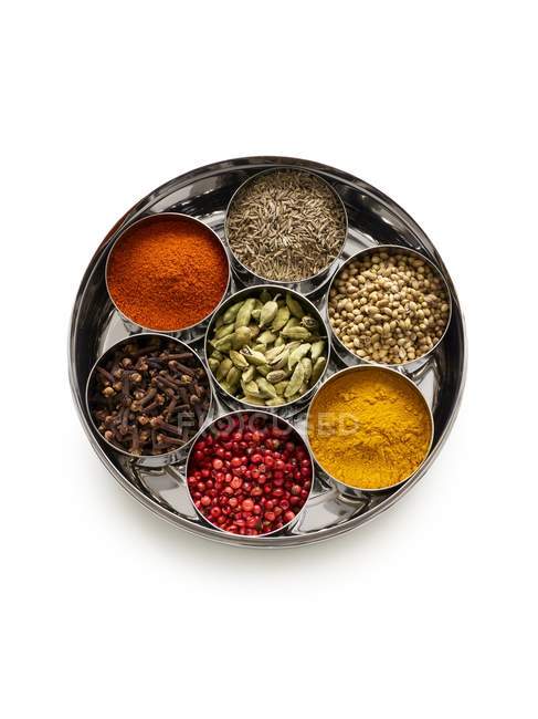 Selection of dried spices in dishes, studio shot. — Stock Photo