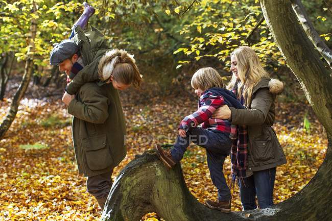 Famille jouant sur l'arbre dans la forêt automnale — Photo de stock