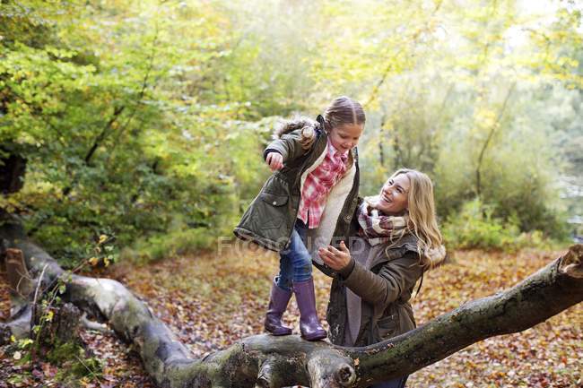 Família brincando em tronco de árvore em bosques no outono . — Fotografia de Stock