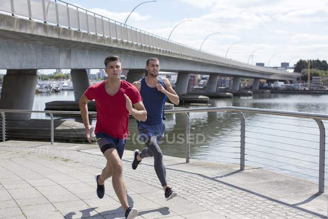 Atletas do sexo masculino correndo na margem do rio
. — Fotografia de Stock
