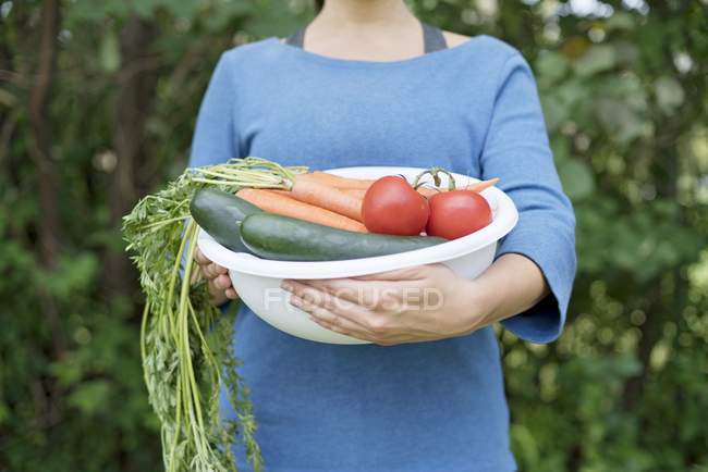 Обрезанный вид женщины, держащей миску со свежими овощами . — стоковое фото