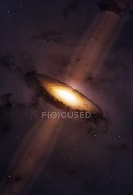 Illustration of jets emanating from poles of young star with circumstellar disc of dust. — Stock Photo