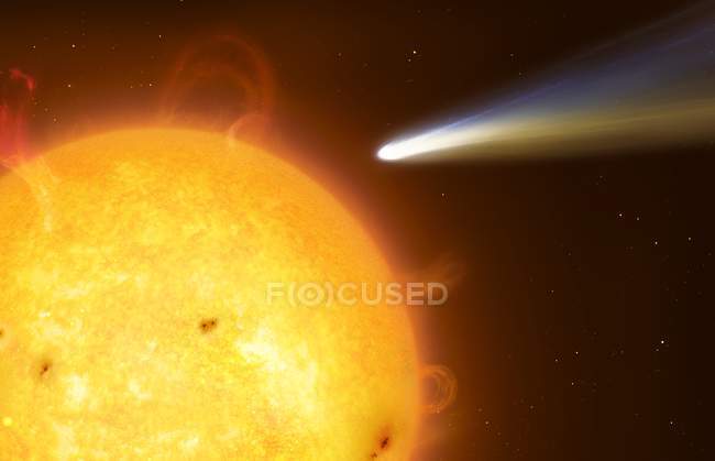 Digital illustration of sungrazing comet close to Sun surface. — Stock Photo