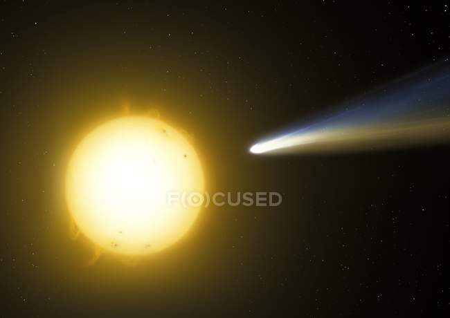 Цифровий ілюстрація комета sungrazing близько до поверхні сонця. — стокове фото