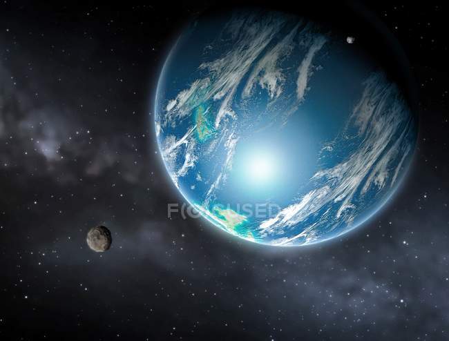 Illustration of extrasolar planet with moon orbiting fictional star. — Stock Photo