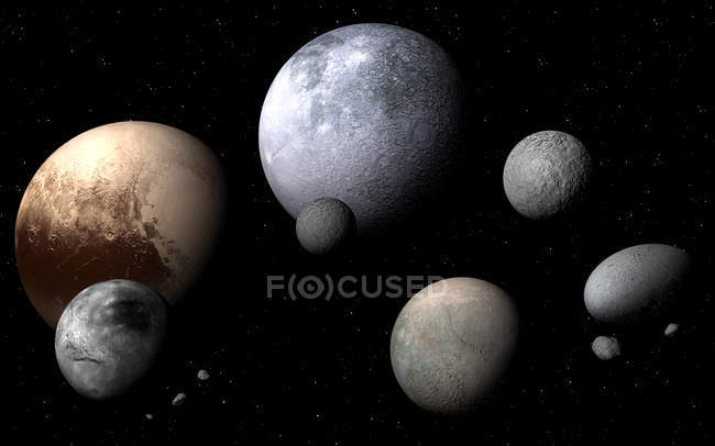 Zwergplaneten und Monde, digitale Illustration. — Stockfoto