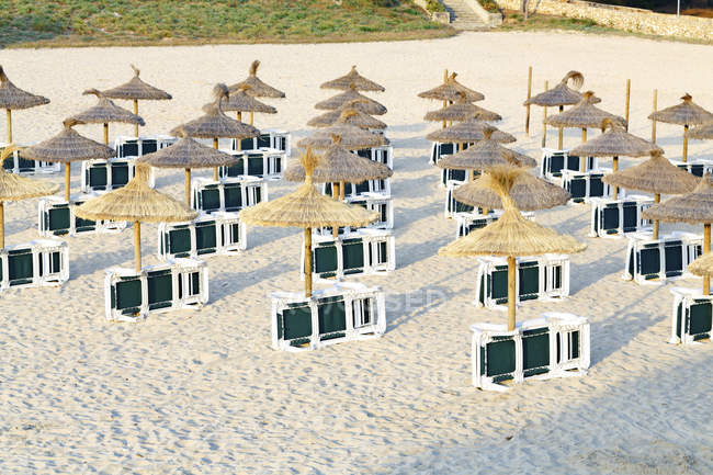 Сонячні ліжка і парасольки на піщаному пляжі . — стокове фото