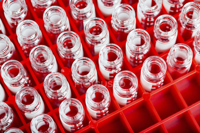 Close-up of empty and sterile phials in red plastic box. — Stock Photo
