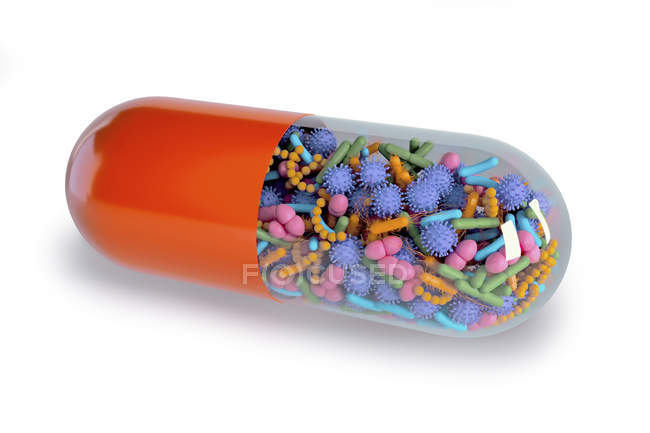 Conceptual illustration of human microbiome microbes inside capsule. — Stock Photo