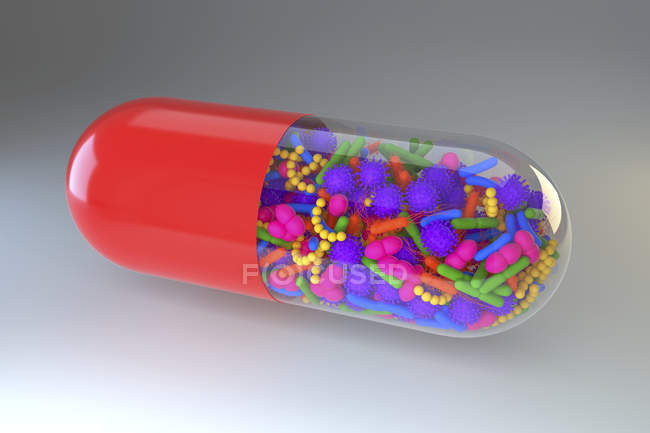 Illustration conceptuelle des microbes du microbiome humain à l'intérieur de la capsule . — Photo de stock