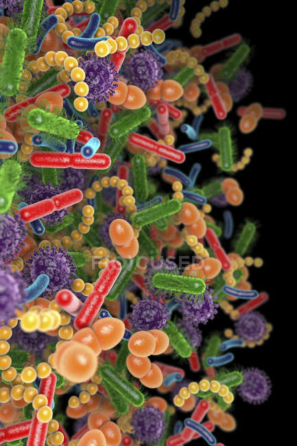 Konzeptionelle Darstellung menschlicher Mikrobiom-Mikroben auf schwarzem Hintergrund. — Stockfoto