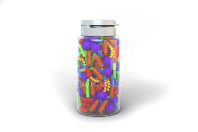 Ilustração conceitual de micróbios do microbioma humano dentro da garrafa da pílula . — Fotografia de Stock