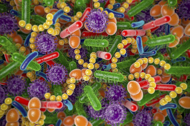 Ilustración conceptual de microbios del microbioma humano, marco completo . - foto de stock