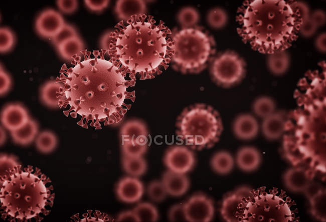 Ilustração digital de partículas de vírus vermelhos no fundo liso . — Fotografia de Stock