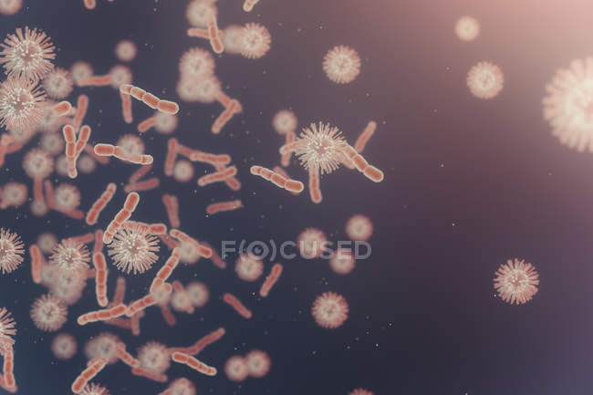 Illustration numérique des particules de virus sur fond plat . — Photo de stock