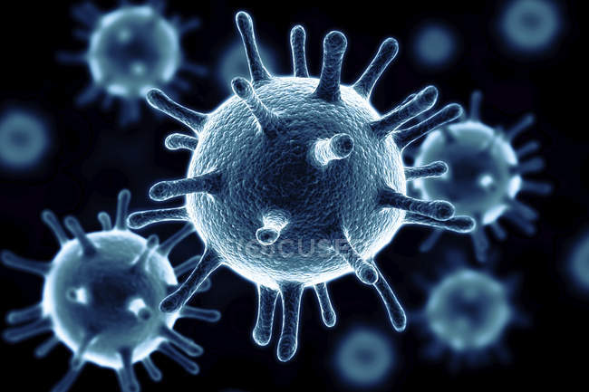 Digitale Illustration blauer Viruspartikel auf schwarzem Hintergrund. — Stockfoto