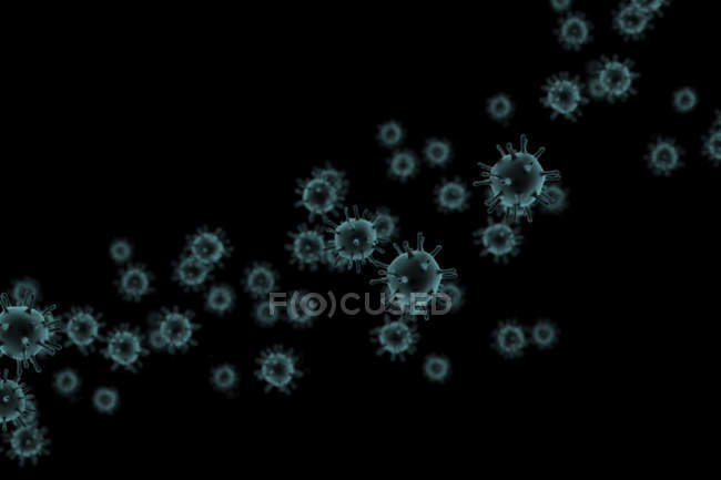 Ilustración digital de partículas de virus sobre fondo negro
. - foto de stock
