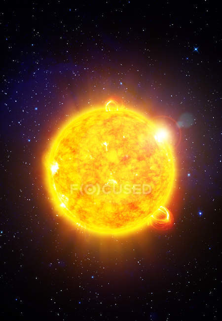 Stella solare incandescente con brillamenti solari, illustrazione digitale . — Foto stock