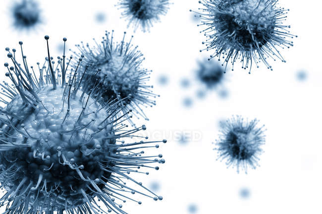 Ilustração digital de partículas de vírus azuis no fundo branco
. — Fotografia de Stock
