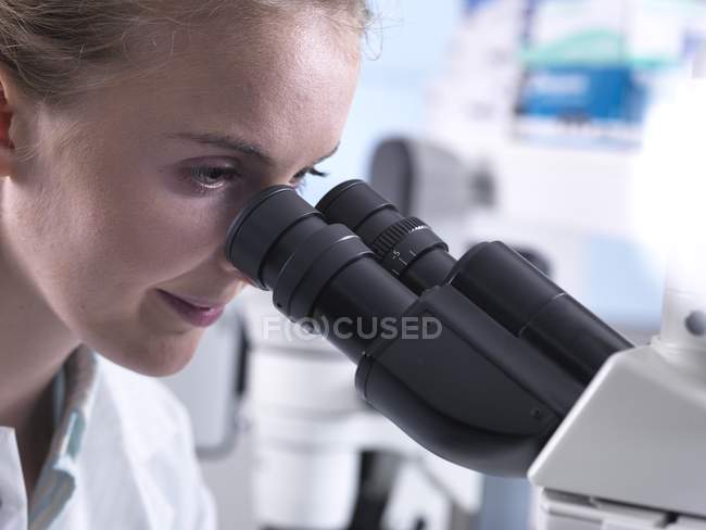 Científica joven viendo microscopio durante la investigación
. - foto de stock