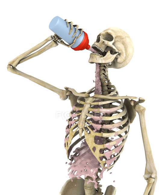 Skeleton drinking protein drink, digital illustration. — Stock Photo