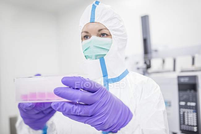Tecnico di laboratorio che trasporta kit di test basati su cellule nel laboratorio di bioingegneria . — Foto stock