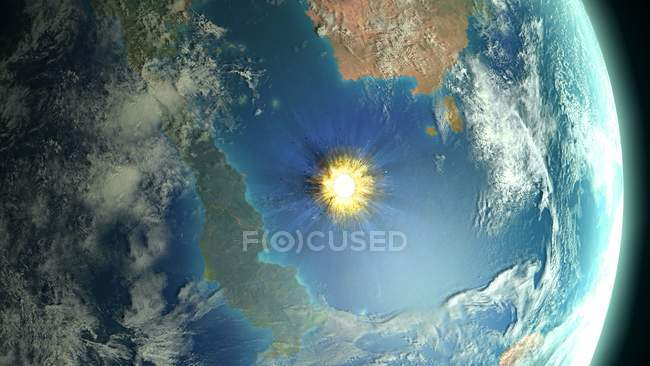 Illustrazione di grandi asteroidi che si scontrano con la Terra sulla penisola dello Yucatan in Messico portando allo sterminio dei dinosauri . — Foto stock