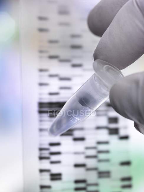 Scientist holding DNA sample in tube with autoradiograph on DNA gel. — Stock Photo
